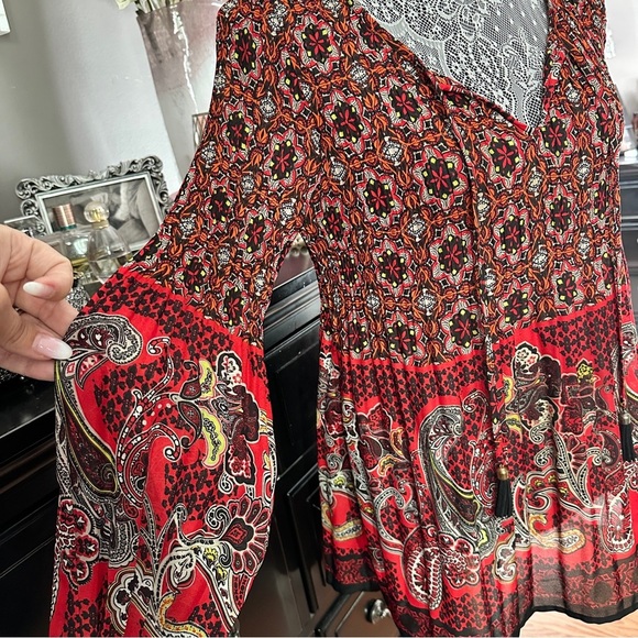 Melissa Paige Boho Peasant Tunic Top Red Paisley Print Long Sleeve Size M - Picture 6 of 16